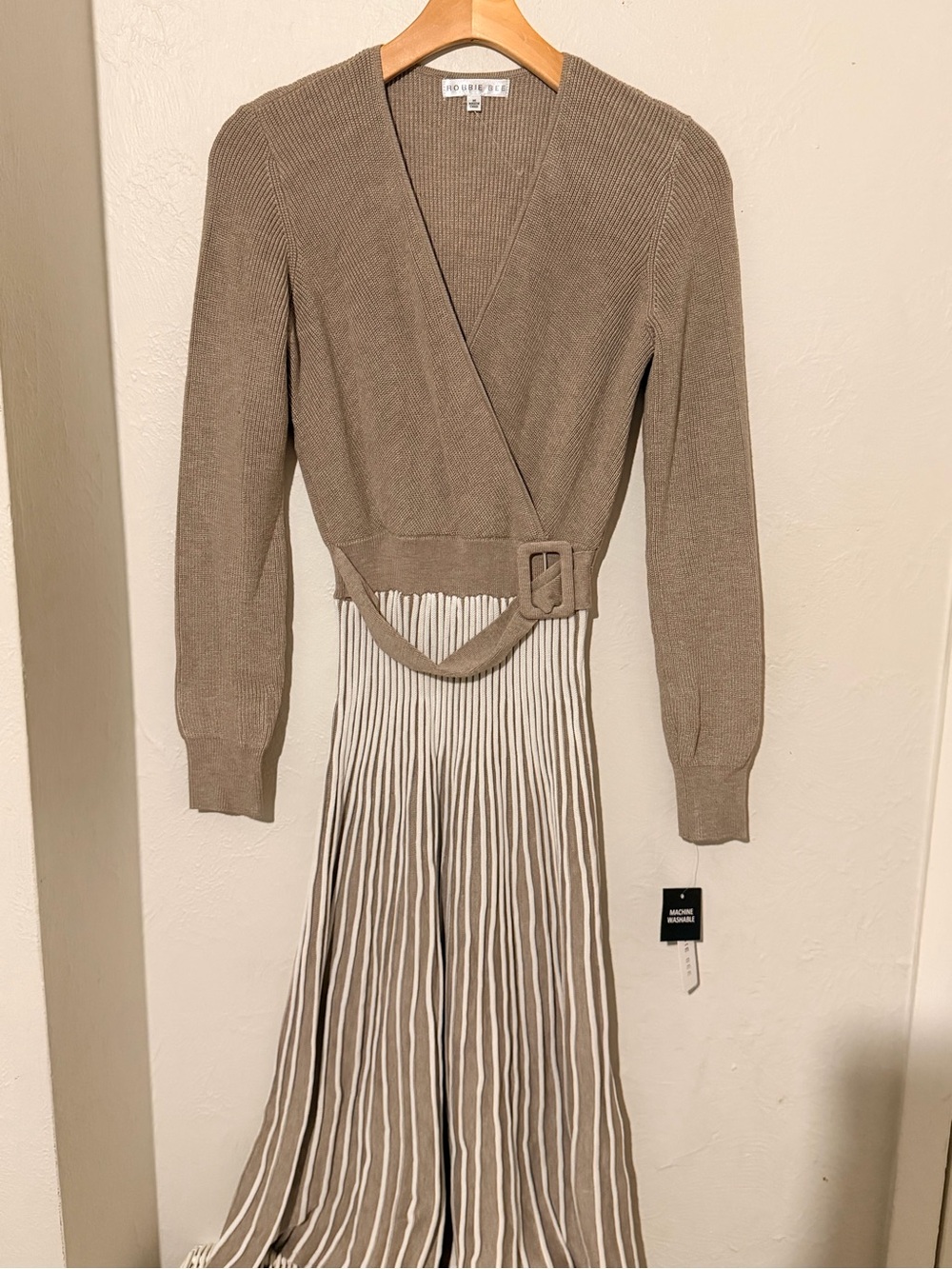 Robbie Bee Taupe and Cream Long Sleeve Wrap Dress with Belt